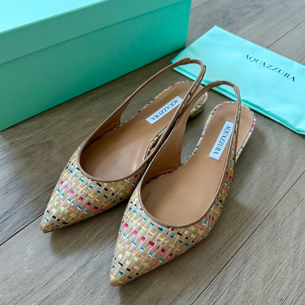 Aquazzura Rainbow Raffia Intrecciato Slingback Flats